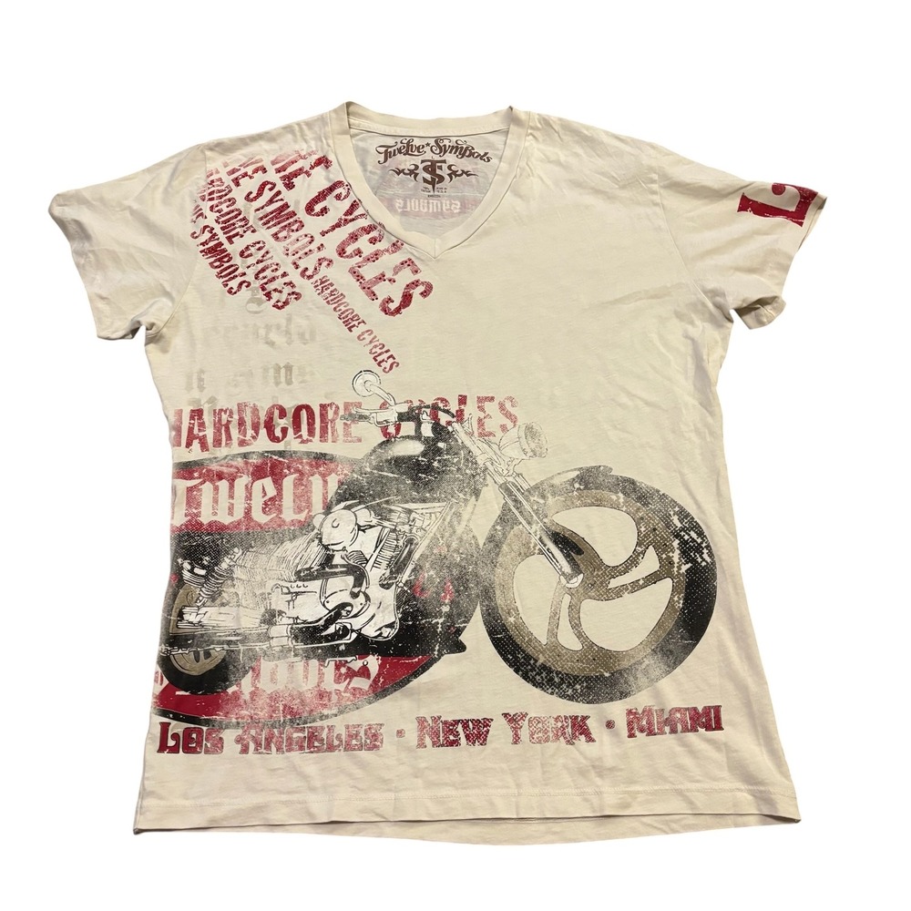 Twelve Symbols Mens V-Neck Graphic T-Shirt Cream Rhinestone Biker Motorcycle L